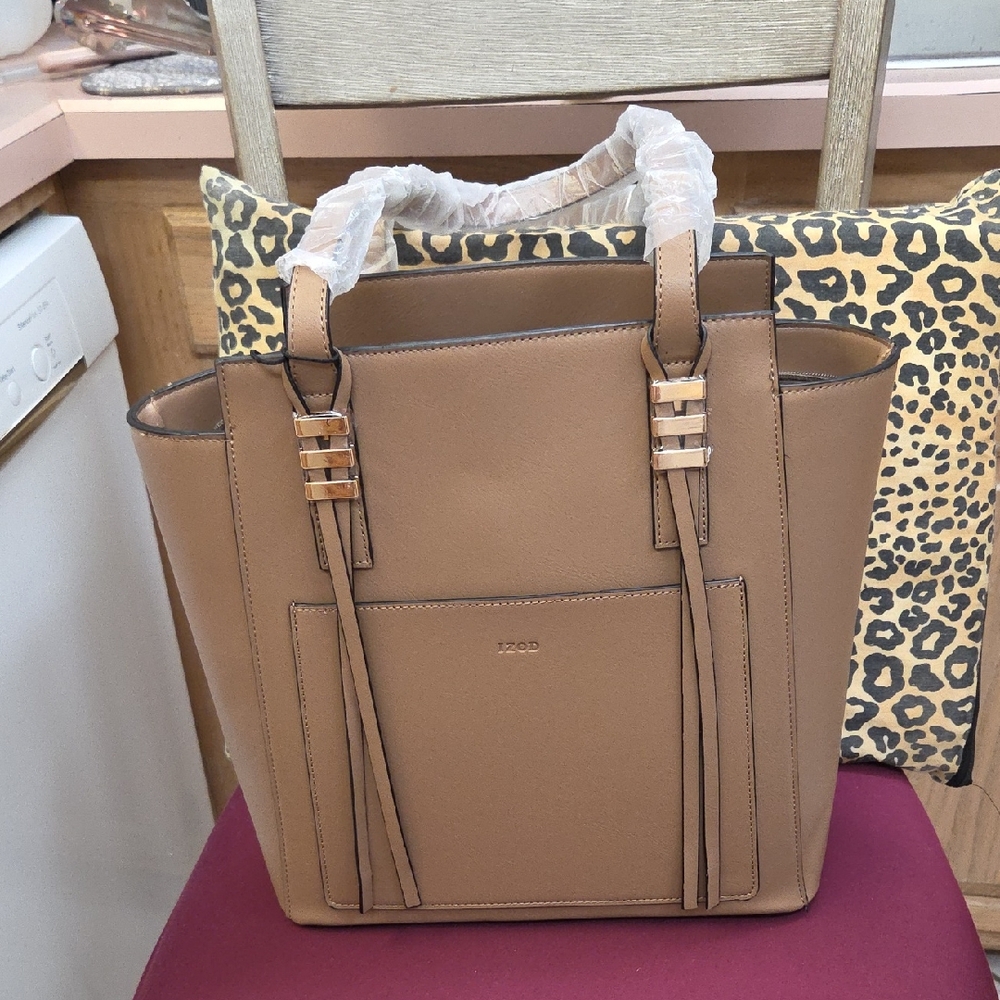 Izod Tan Structured Tote with Front Pocket and Strap Details